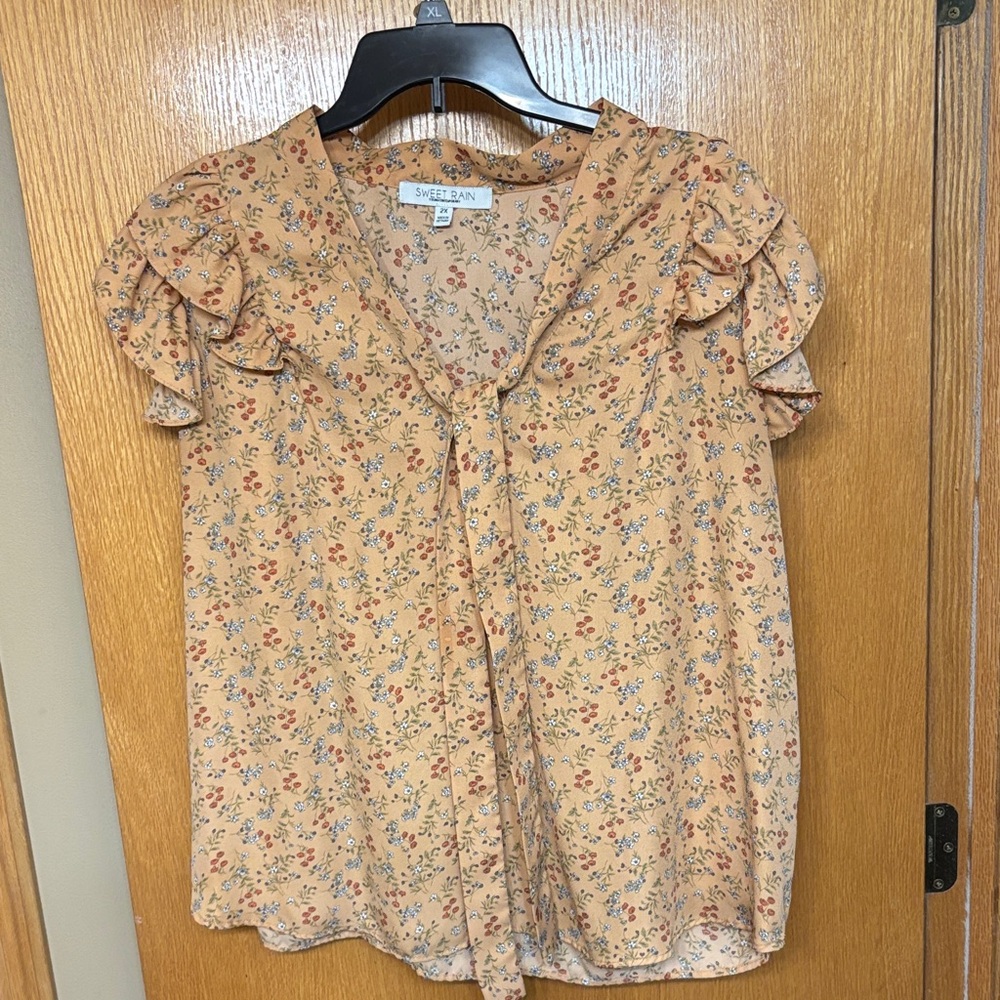 5 for $25 Sweet Rain Floral Ruffle Blouse in Peach